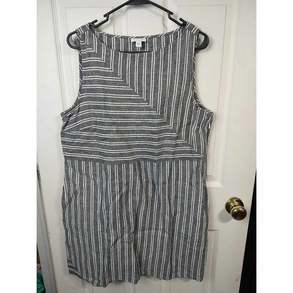J Jill Dress Womens L Gray Striped Love 100 Linen Midi Coastal Lagenlook Beach